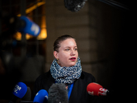 La France Insoumise leader Mathilde Panot speaks to the press after the summit with Prime Minister Michel Barnier at the Hotel de Matignon i...