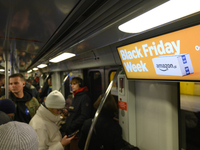 An Amazon ad is displayed in a metro train in Warsaw, Poland, on November 25, 2024, during Black Friday week. (