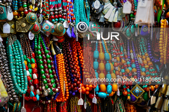 Tibetan jewelry is displayed at the Bhutia Bazaar (Tibetan Market) in Nainital, Uttarakhand, India, on April 19, 2024. The Tibetan Market is...