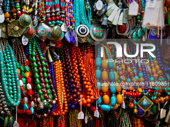 Tibetan jewelry is displayed at the Bhutia Bazaar (Tibetan Market) in Nainital, Uttarakhand, India, on April 19, 2024. The Tibetan Market is...