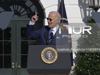 US President Joe Biden pardons Peach during the National Thanksgiving Turkey ceremony on November 25, 2024, at the South Lawn of the White H...