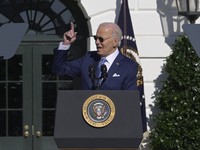 US President Joe Biden pardons Peach during the National Thanksgiving Turkey ceremony on November 25, 2024, at the South Lawn of the White H...