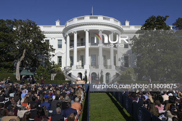 US President Joe Biden pardons Peach during the National Thanksgiving Turkey ceremony on November 25, 2024, at the South Lawn of the White H...