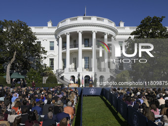 US President Joe Biden pardons Peach during the National Thanksgiving Turkey ceremony on November 25, 2024, at the South Lawn of the White H...