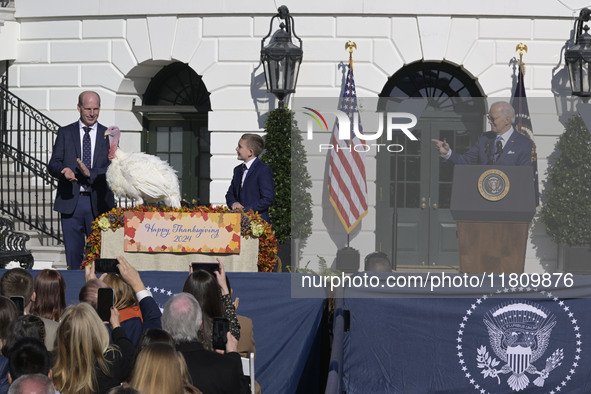 US President Joe Biden pardons Peach during the National Thanksgiving Turkey ceremony on November 25, 2024, at the South Lawn of the White H...