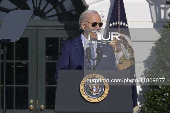 US President Joe Biden pardons Peach during the National Thanksgiving Turkey ceremony on November 25, 2024, at the South Lawn of the White H...