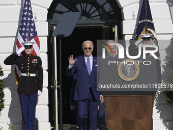 US President Joe Biden pardons Peach during the National Thanksgiving Turkey ceremony on November 25, 2024, at the South Lawn of the White H...