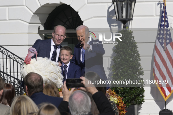 US President Joe Biden pardons Peach during the National Thanksgiving Turkey ceremony on November 25, 2024, at the South Lawn of the White H...