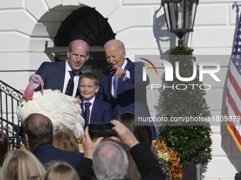 US President Joe Biden pardons Peach during the National Thanksgiving Turkey ceremony on November 25, 2024, at the South Lawn of the White H...