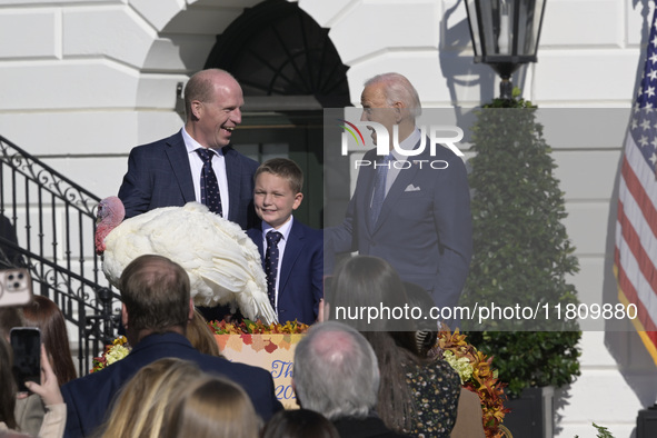 US President Joe Biden pardons Peach during the National Thanksgiving Turkey ceremony on November 25, 2024, at the South Lawn of the White H...