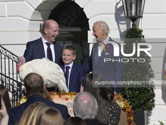 US President Joe Biden pardons Peach during the National Thanksgiving Turkey ceremony on November 25, 2024, at the South Lawn of the White H...