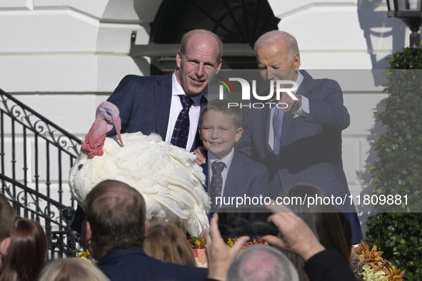 US President Joe Biden pardons Peach during the National Thanksgiving Turkey ceremony on November 25, 2024, at the South Lawn of the White H...