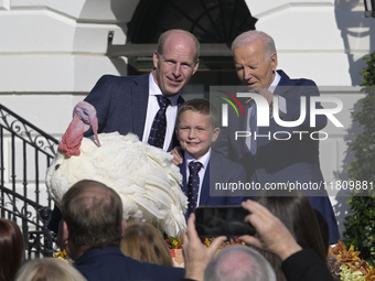 US President Joe Biden pardons Peach during the National Thanksgiving Turkey ceremony on November 25, 2024, at the South Lawn of the White H...