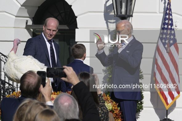 US President Joe Biden pardons Peach during the National Thanksgiving Turkey ceremony on November 25, 2024, at the South Lawn of the White H...