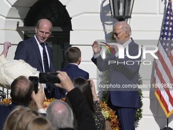 US President Joe Biden pardons Peach during the National Thanksgiving Turkey ceremony on November 25, 2024, at the South Lawn of the White H...