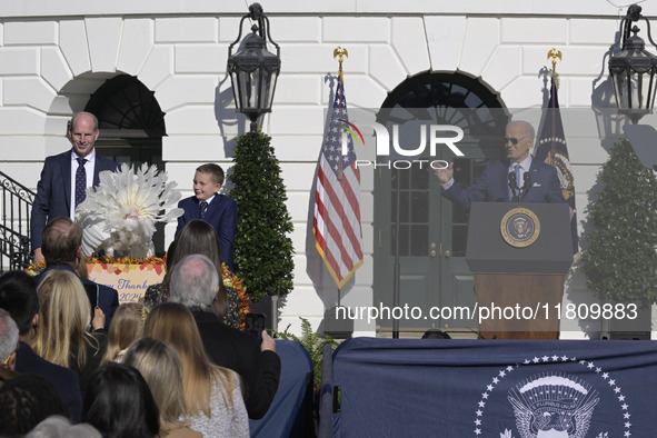 US President Joe Biden pardons Peach during the National Thanksgiving Turkey ceremony on November 25, 2024, at the South Lawn of the White H...