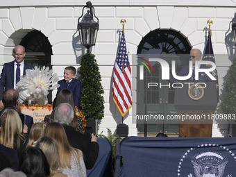 US President Joe Biden pardons Peach during the National Thanksgiving Turkey ceremony on November 25, 2024, at the South Lawn of the White H...