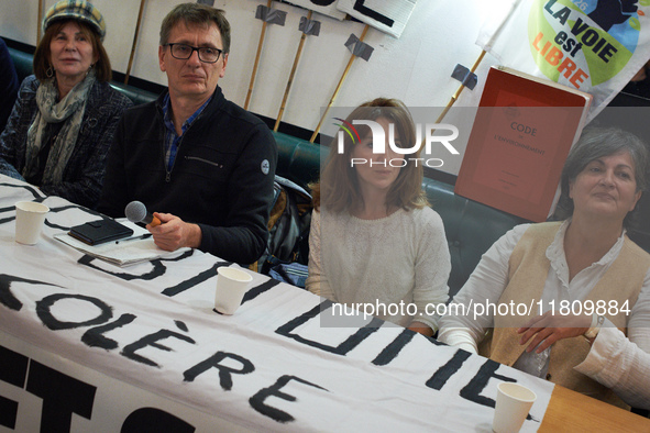 Gilles (LVEL), Alice Terrasse (lawyer), and Christine Arrhighi (MP) are pictured during the press conference. People gather in Toulouse, Fra...