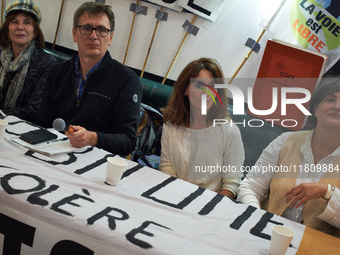 Gilles (LVEL), Alice Terrasse (lawyer), and Christine Arrhighi (MP) are pictured during the press conference. People gather in Toulouse, Fra...