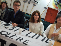 Gilles (LVEL), Alice Terrasse (lawyer), and Christine Arrhighi (MP) are pictured during the press conference. People gather in Toulouse, Fra...