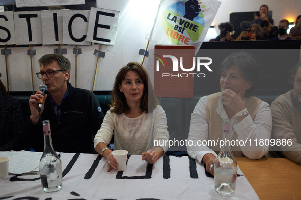 Gilles (LVEL), Alice Terrasse (lawyer), and Christine Arrhighi (MP) are pictured during the press conference. People gather in Toulouse, Fra...