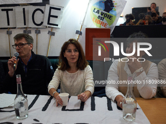 Gilles (LVEL), Alice Terrasse (lawyer), and Christine Arrhighi (MP) are pictured during the press conference. People gather in Toulouse, Fra...