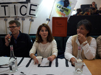 Gilles (LVEL), Alice Terrasse (lawyer), and Christine Arrhighi (MP) are pictured during the press conference. People gather in Toulouse, Fra...