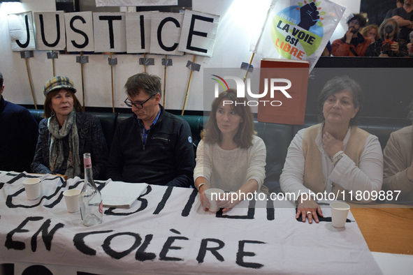 Gilles (LVEL), Alice Terrasse (lawyer), and Christine Arrhighi (MP) are pictured during the press conference. People gather in Toulouse, Fra...