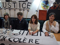 Gilles (LVEL), Alice Terrasse (lawyer), and Christine Arrhighi (MP) are pictured during the press conference. People gather in Toulouse, Fra...