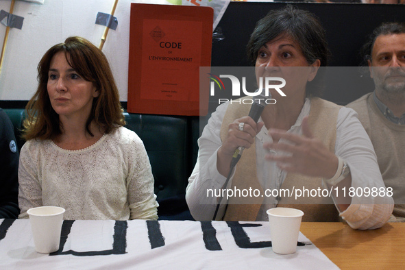 Alice Terrasse, a lawyer, and Christine Arrighi, an MP, are pictured during the press conference. People gather in Toulouse, France, on Nove...