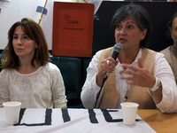 Alice Terrasse, a lawyer, and Christine Arrighi, an MP, are pictured during the press conference. People gather in Toulouse, France, on Nove...