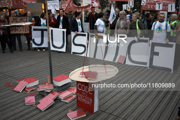 People gather in Toulouse, France, on November 25, 2024, as plaintiffs (LVEL, Attac, Amis de la Terre, D'Ingrando, etc.) against the planned...