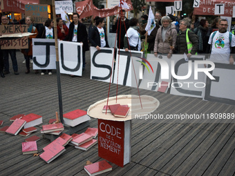 People gather in Toulouse, France, on November 25, 2024, as plaintiffs (LVEL, Attac, Amis de la Terre, D'Ingrando, etc.) against the planned...