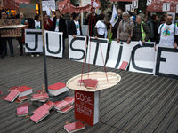 People gather in Toulouse, France, on November 25, 2024, as plaintiffs (LVEL, Attac, Amis de la Terre, D'Ingrando, etc.) against the planned...