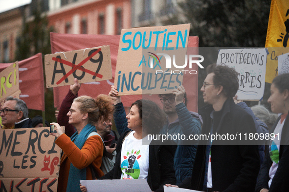 Amid other placards, one reads 'In support of indicted people'. People gather in Toulouse, France, on November 25, 2024, as plaintiffs (LVEL...