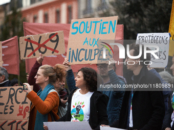 Amid other placards, one reads 'In support of indicted people'. People gather in Toulouse, France, on November 25, 2024, as plaintiffs (LVEL...