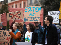 Amid other placards, one reads 'In support of indicted people'. People gather in Toulouse, France, on November 25, 2024, as plaintiffs (LVEL...