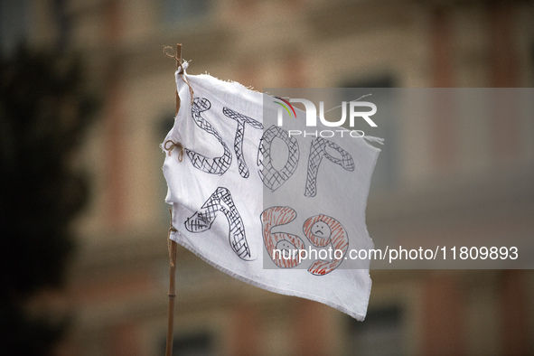 People gather in Toulouse, France, on November 25, 2024, as plaintiffs (LVEL, Attac, Amis de la Terre, D'Ingrando, etc.) against the planned...