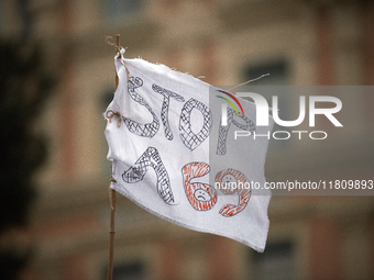 People gather in Toulouse, France, on November 25, 2024, as plaintiffs (LVEL, Attac, Amis de la Terre, D'Ingrando, etc.) against the planned...