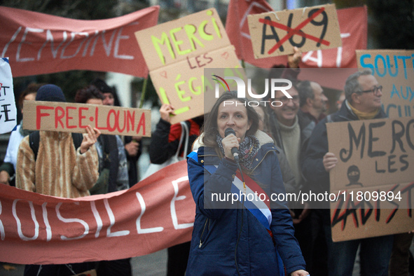 MP Anne Stambach-Terrenoir speaks during the gathering. People gather in Toulouse, France, on November 25, 2024, as plaintiffs (LVEL, Attac,...