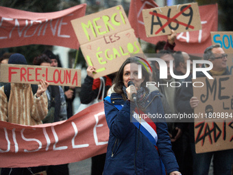 MP Anne Stambach-Terrenoir speaks during the gathering. People gather in Toulouse, France, on November 25, 2024, as plaintiffs (LVEL, Attac,...