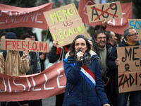 MP Anne Stambach-Terrenoir speaks during the gathering. People gather in Toulouse, France, on November 25, 2024, as plaintiffs (LVEL, Attac,...