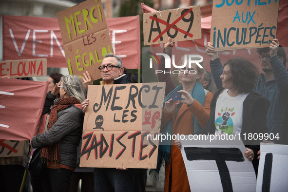 People gather in Toulouse, France, on November 25, 2024, as plaintiffs (LVEL, Attac, Amis de la Terre, D'Ingrando, etc.) against the planned...