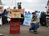 A man stands near an Environment Code (French law). People gather in Toulouse, France, on November 25, 2024, as plaintiffs (LVEL, Attac, Ami...