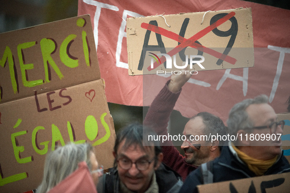 People gather in Toulouse, France, on November 25, 2024, as plaintiffs (LVEL, Attac, Amis de la Terre, D'Ingrando, etc.) against the planned...