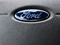 Ford logo is seen on a steering wheel in Poland on November 24, 2024. (