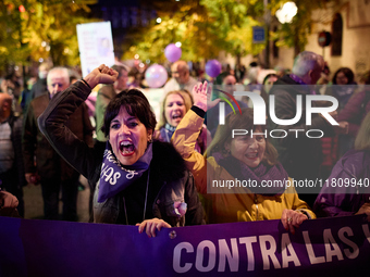 Protesters hold banners and shout slogans during the 25N demonstration, International Day for the Elimination of Violence against Women, in...