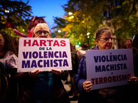 Two protesters hold banners reading 'Fed up with gender violence' and 'Gender-based violence is terrorism' during the 25N demonstration, Int...