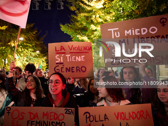 Protesters hold banners and shout slogans during the 25N demonstration, International Day for the Elimination of Violence against Women, in...