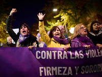 Protesters hold banners and shout slogans during the 25N demonstration, International Day for the Elimination of Violence against Women, in...